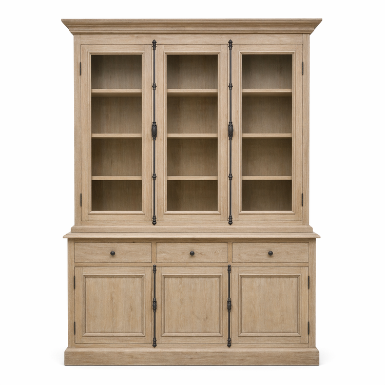 Country-style weathered oak Olon display cabinet with glazed doors, 125 cm wide, front view