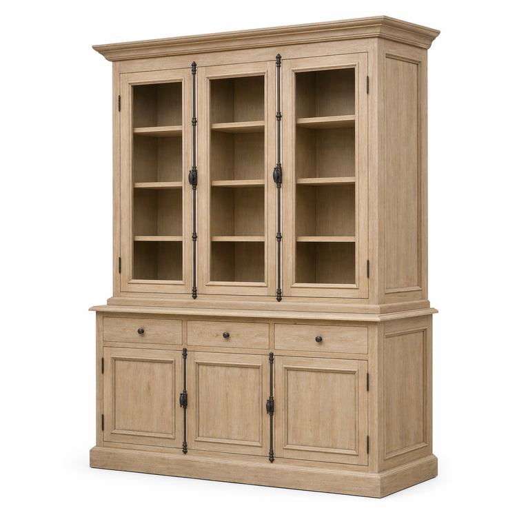 Country-style weathered oak Olon display cabinet, angled view with glazed doors and iron handles