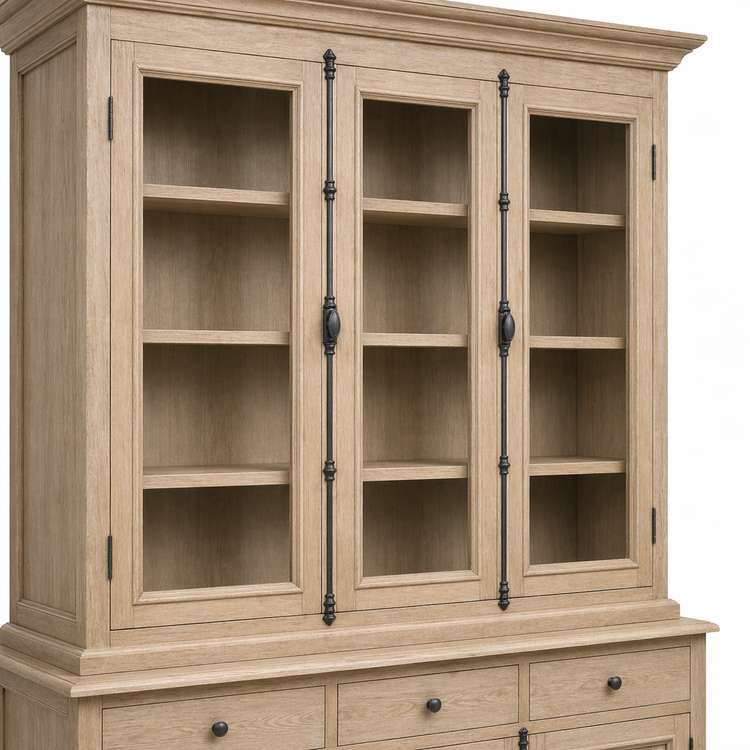 Close-up of forged iron handles and glazed doors on the weathered oak Olon display cabinet