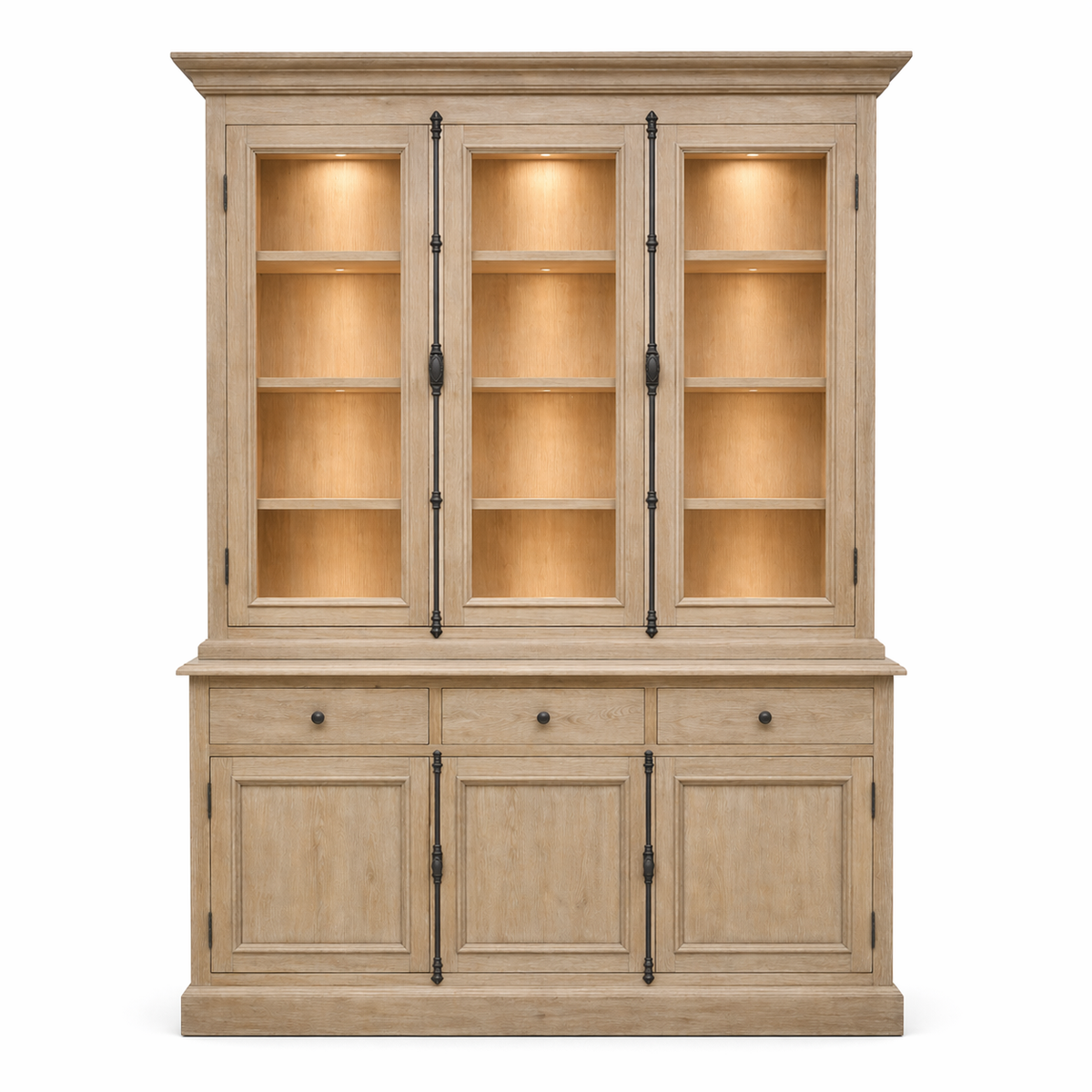 Weathered oak Olon display cabinet with illuminated glass shelves and forged iron handles