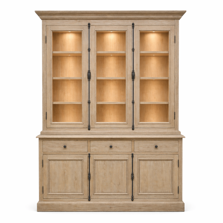 Weathered oak Olon display cabinet with illuminated glass shelves and forged iron handles
