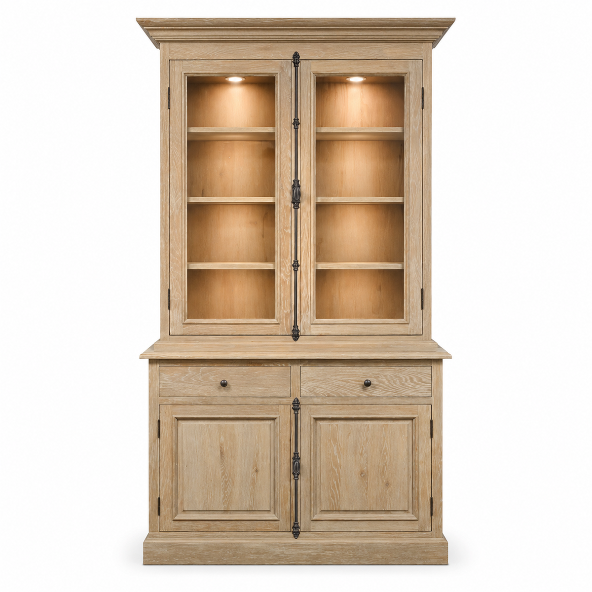Weathered oak Olon display cabinet with warmly lit glass shelves and forged iron handles, farmhouse-style front view
