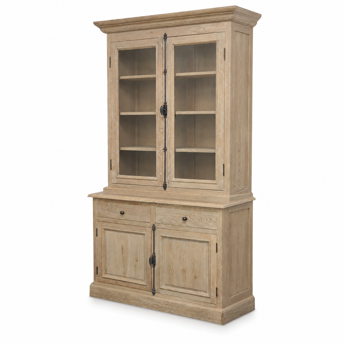 Country-style weathered oak Olon display cabinet with glazed doors and iron handles, angled three-quarter view