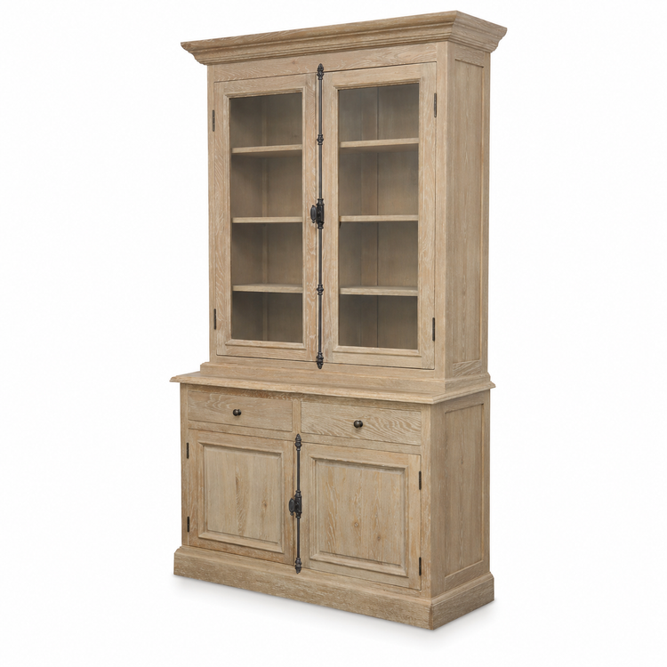 Country-style weathered oak Olon display cabinet with glazed doors and iron handles, angled three-quarter view