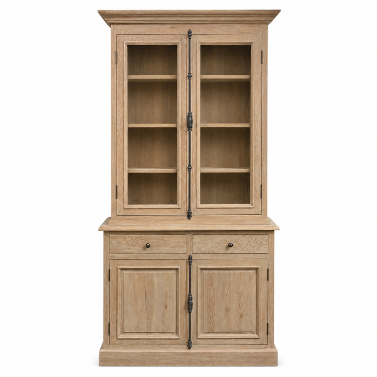 Country-style weathered oak Olon display cabinet with glazed doors and forged iron handles, 125 cm wide, front view