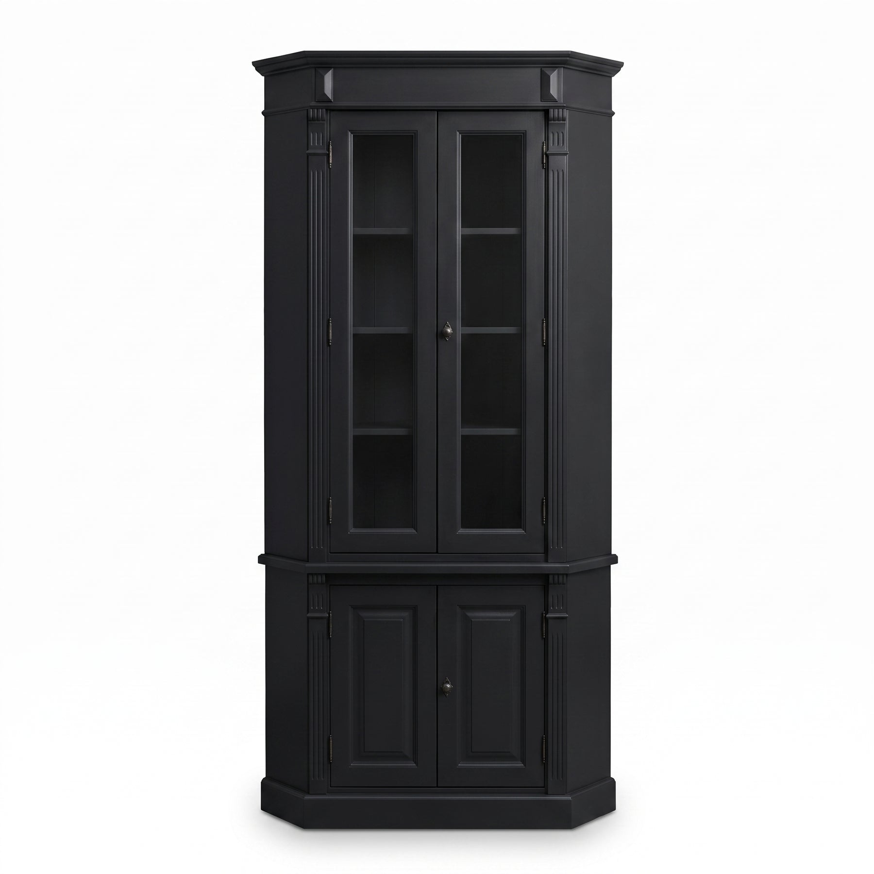 Display Cabinet Senlis in black, three-quarter view from the front left, 114 x 52 x 228 cm