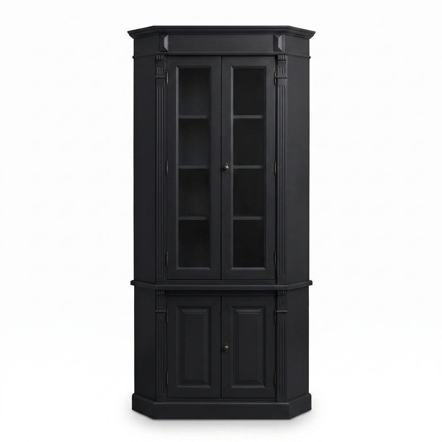 Display Cabinet Senlis in black, three-quarter view from the front left, 114 x 52 x 228 cm
