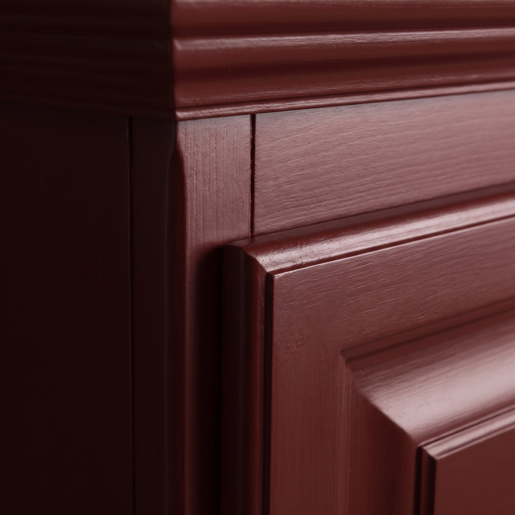 Display Cabinet Senlis in bordeaux, close-up of the finish and construction, 114 x 52 x 228 cm