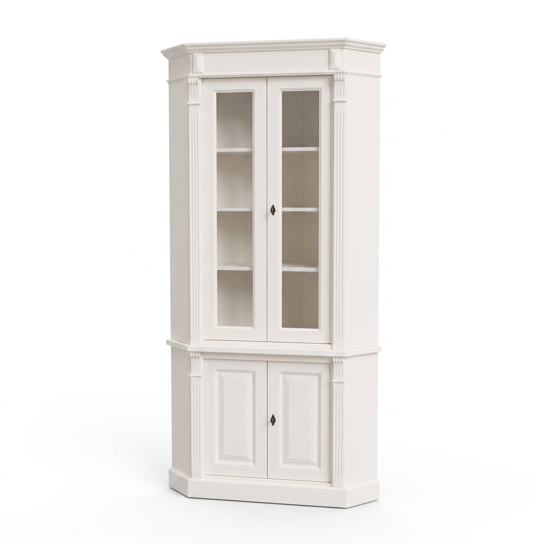 Display Cabinet Senlis in white, three-quarter view from the front left, 114 x 52 x 228 cm