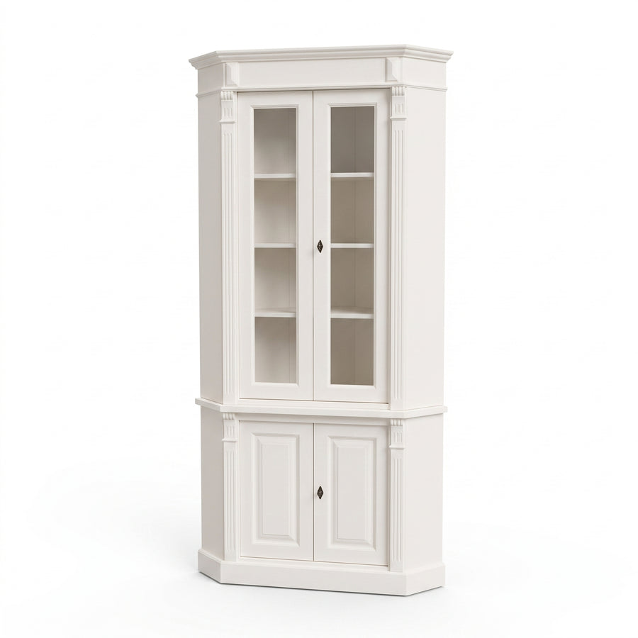 Display Cabinet Senlis in white, three-quarter view from the front left, 114 x 52 x 228 cm
