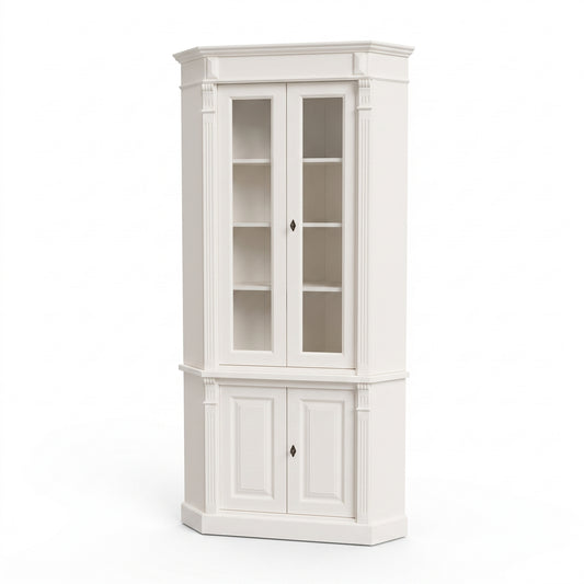 Display Cabinet Senlis in white, three-quarter view from the front left, 114 x 52 x 228 cm