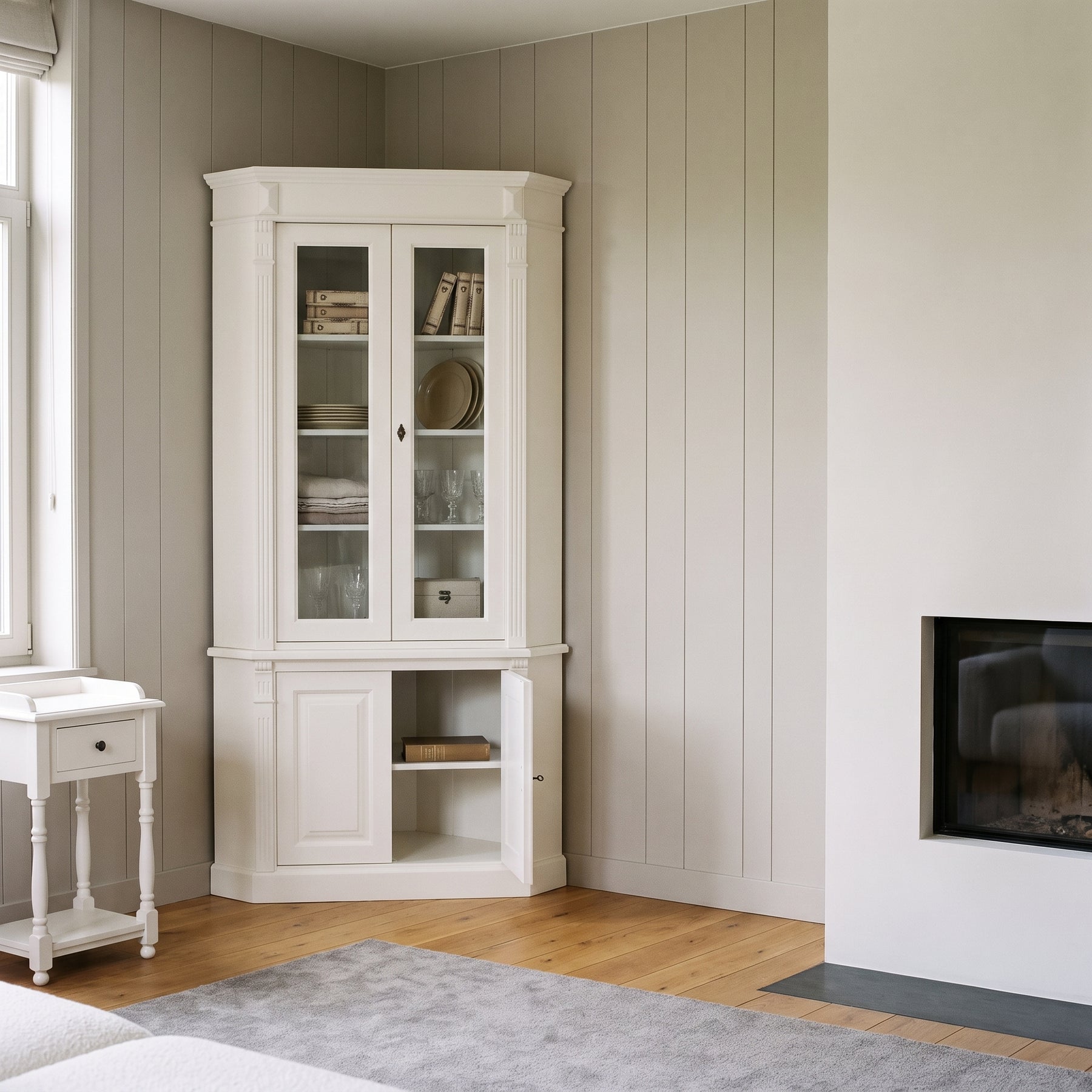 Display Cabinet Senlis in white, in an interior, 114 x 52 x 228 cm