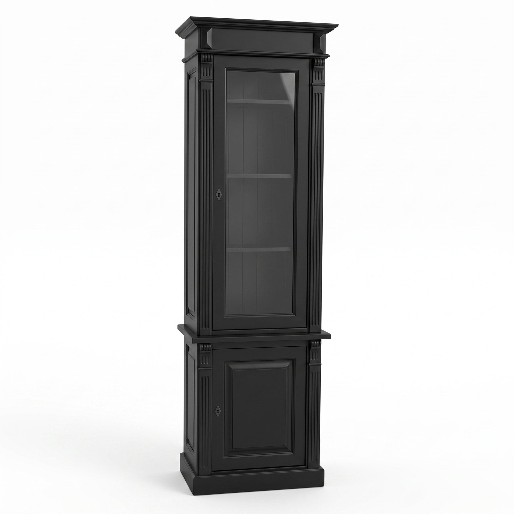 Display Cabinet Vezelay in black, three-quarter view from the front left, 73 x 51 x 228 cm