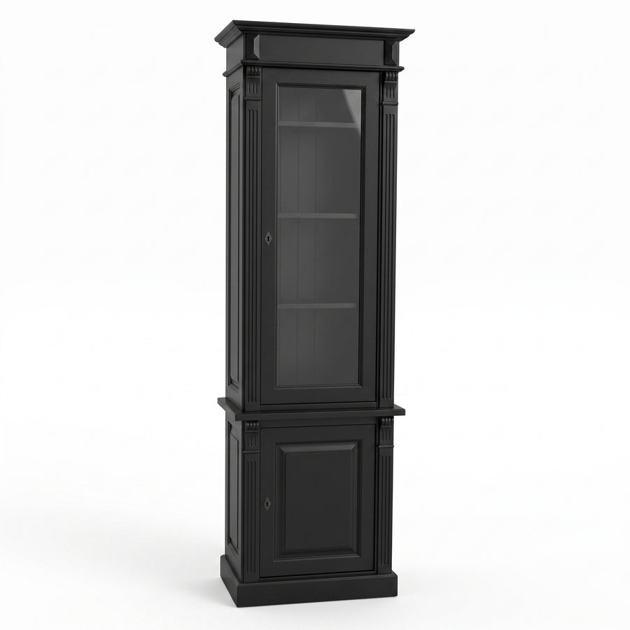 Display Cabinet Vezelay in black, three-quarter view from the front left, 73 x 51 x 228 cm