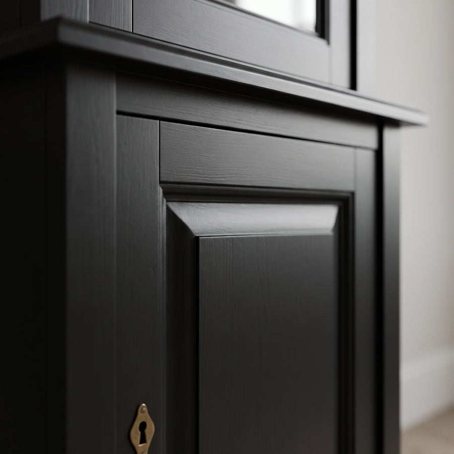 Display Cabinet Vezelay in black, close-up of the finish and construction, 73 x 51 x 228 cm
