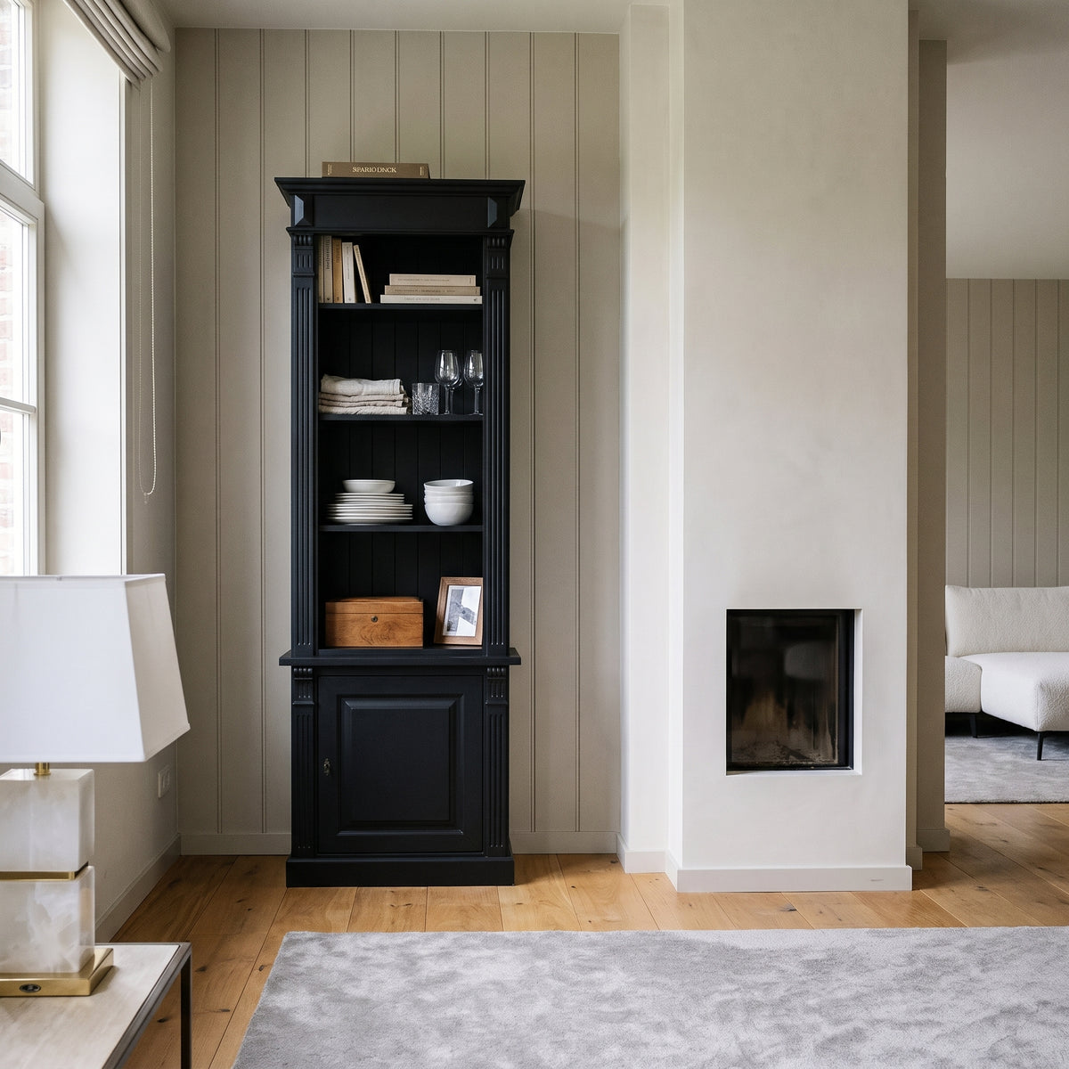 Display Cabinet Vezelay in black, in an interior, 73 x 51 x 228 cm