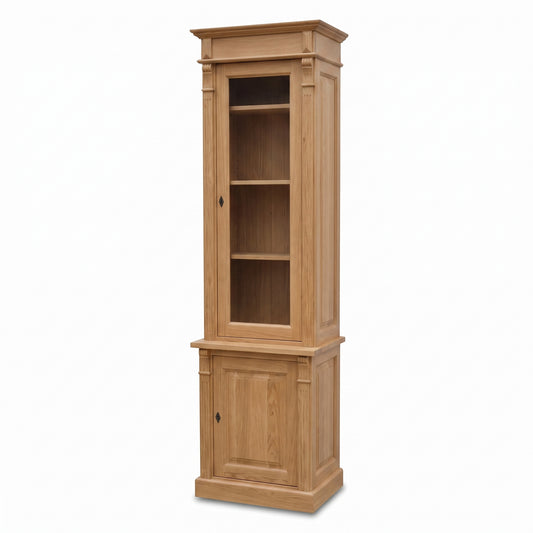 Display Cabinet Vezelay in solid oak, three-quarter view from the front left, 73 x 51 x 228 cm