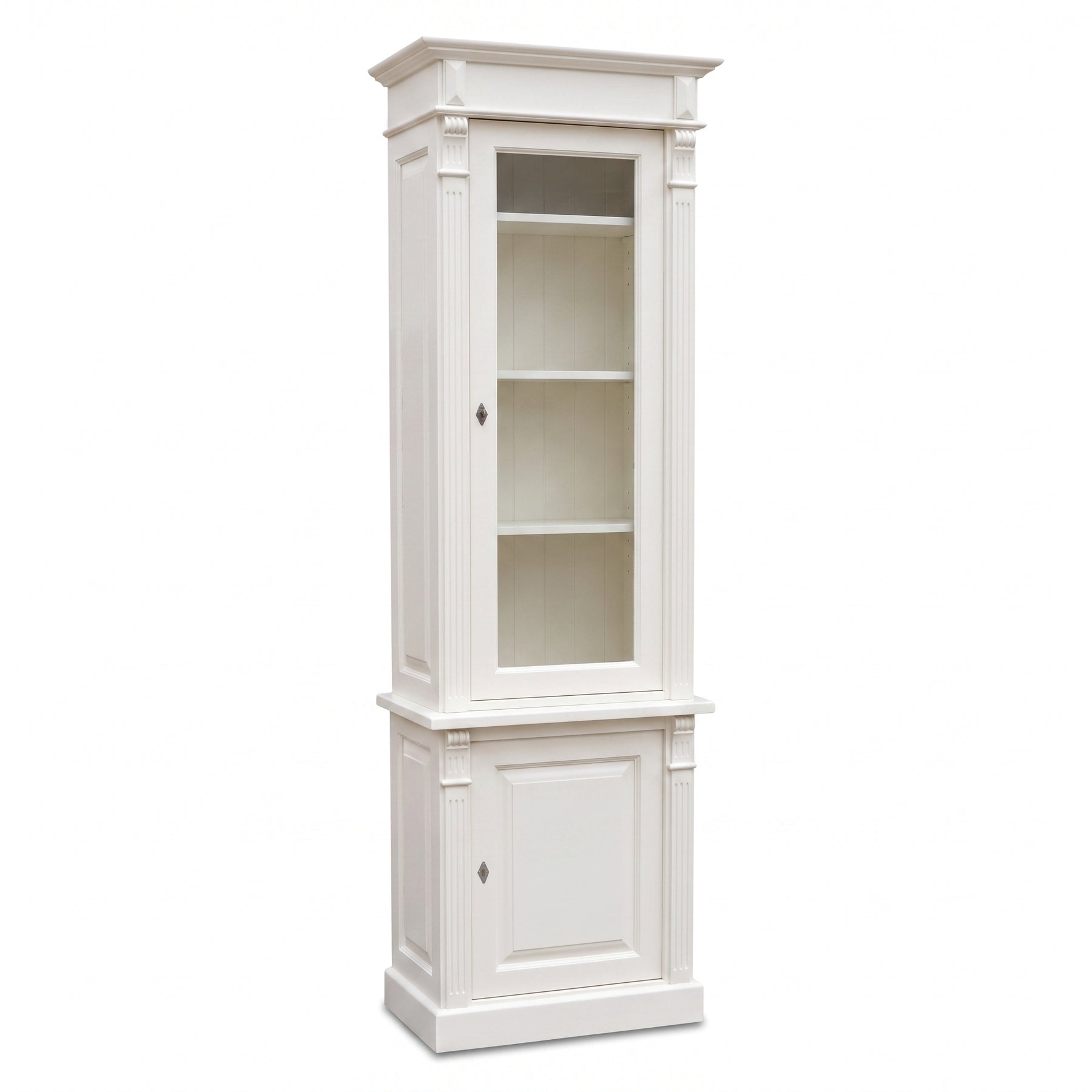 Display Cabinet Vezelay in white, three-quarter view from the front left, 73 x 51 x 228 cm