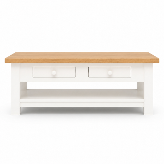 Farmhouse white painted Farozi coffee table with natural oak top, two drawers, front view