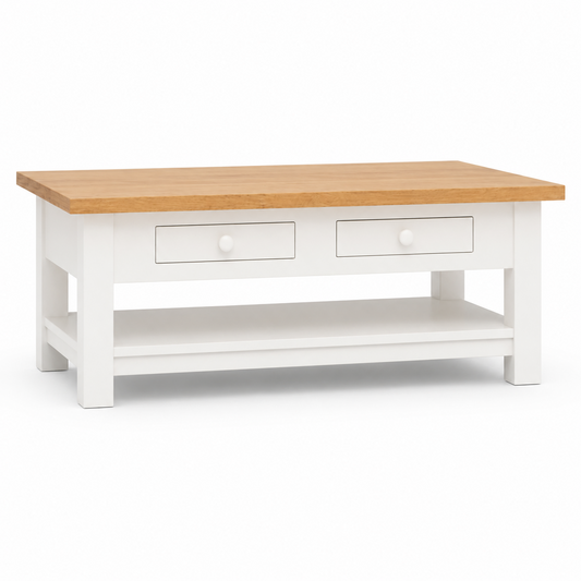 Farmhouse white oak Farozi coffee table with two drawers and lower shelf, angled view