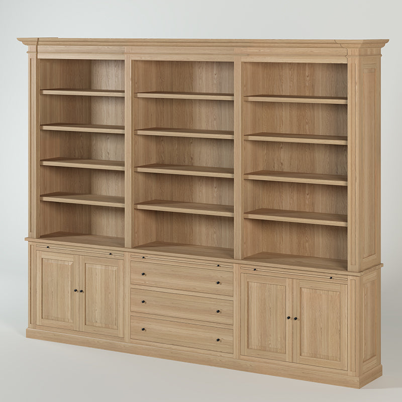 Loire Triple Bookcase – Solid Natural Oak Classic Open 4-Door & 3 Drawers | Marcottestyle