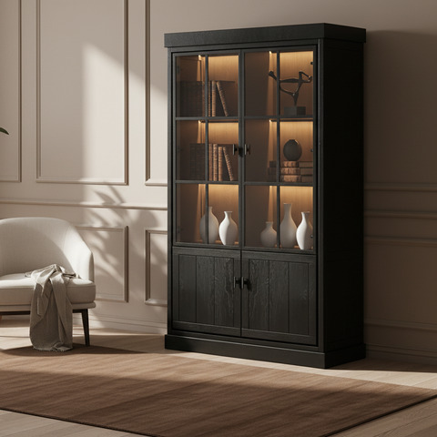 Lancaster Display Cabinet - Black Oak with 2 Glass Panel Doors