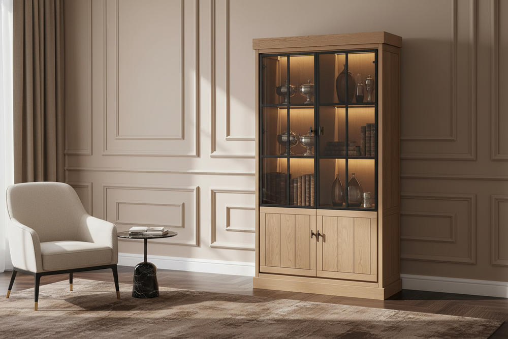 Lancaster Display Cabinet - Brushed Oak with 2 Glass Panel Doors - View 2