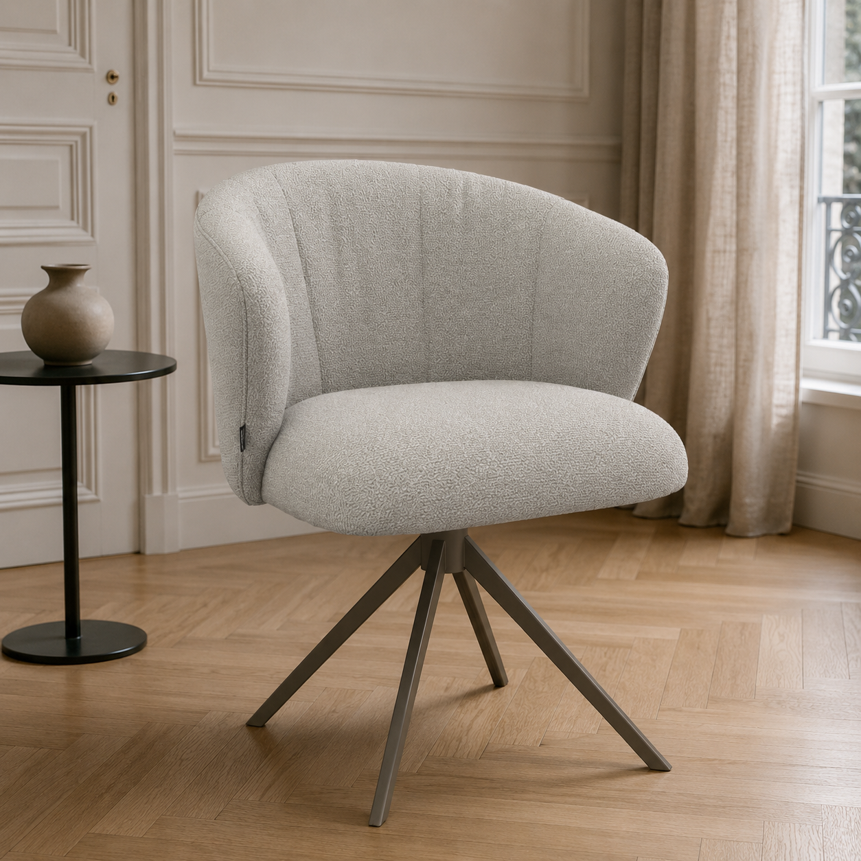 Lecce Dining Chair - Light Greige Rhythm 01 Fabric - Espresso Swivel Base - 58 x 59 x 80 cm