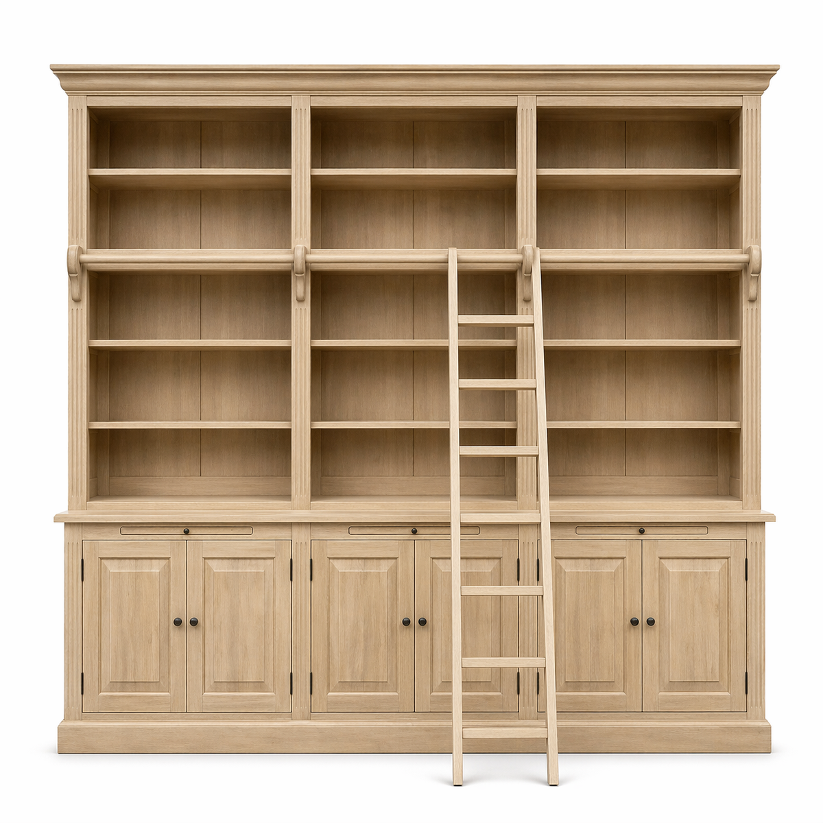 Country-style natural oak Milton library cabinet with rolling ladder and raised-panel doors, 310 cm wide, front view