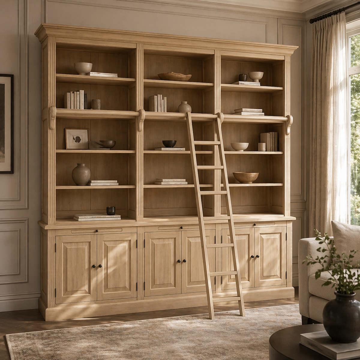 Country-style natural oak Milton library cabinet styled with books and decor in a living room, 310 cm wide