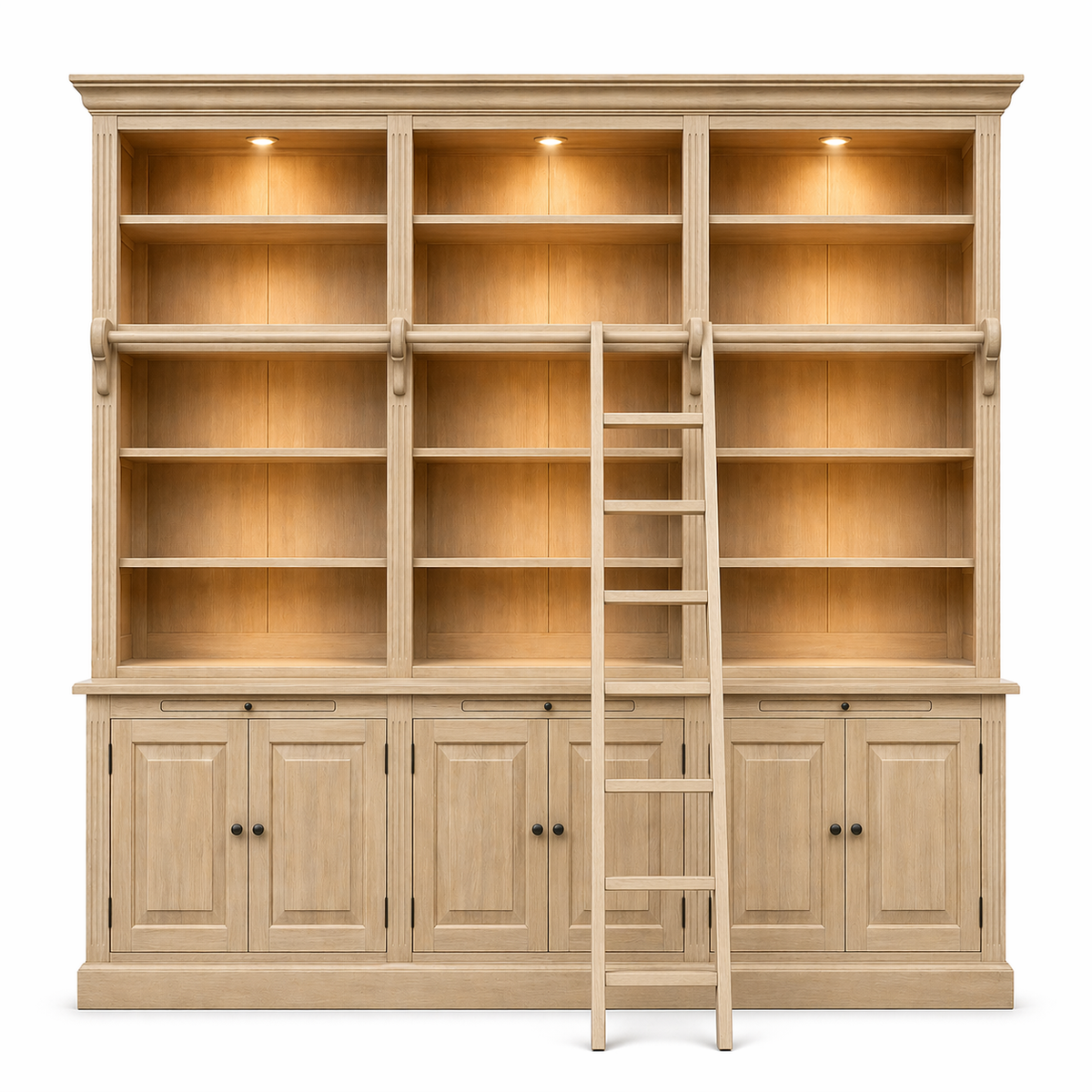Natural oak Milton library cabinet with illuminated top shelves and sliding ladder, country-style, 310 cm wide