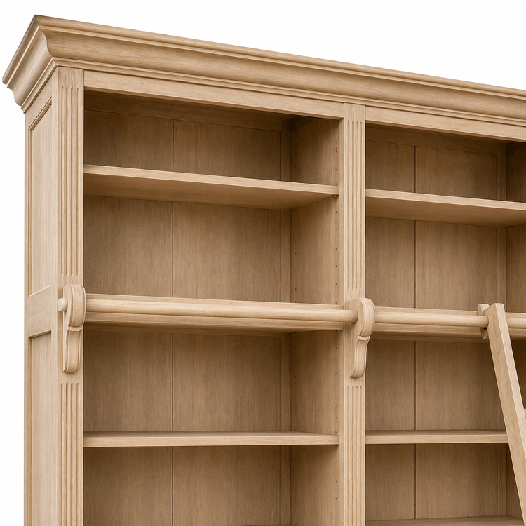 Close-up of crown molding, fluted columns and ladder rail on natural oak Milton library cabinet