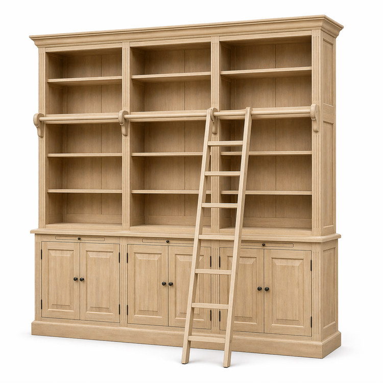 Country-style natural oak Milton library cabinet with sliding ladder, angled three-quarter view, 310 cm wide