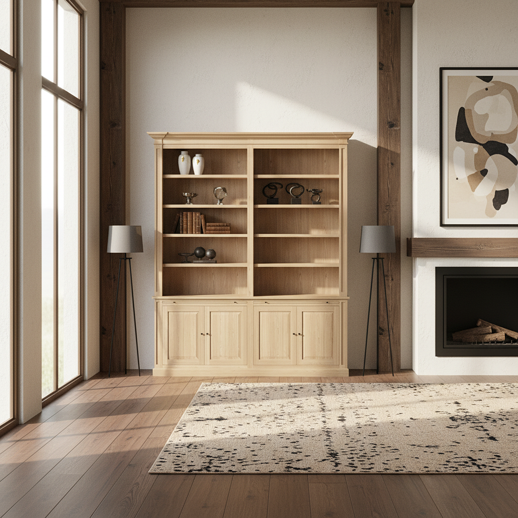 Loire Double Bookcase – Solid Natural Oak Classic Open 4-Door Storage Unit | Marcottestyle