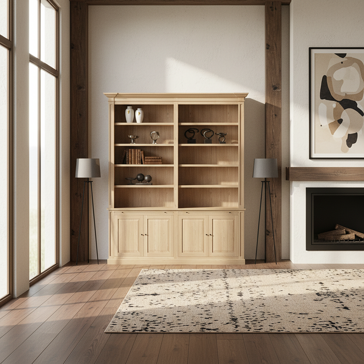 Loire Double Bookcase – Solid Natural Oak Classic Open 4-Door Storage Unit | Marcottestyle