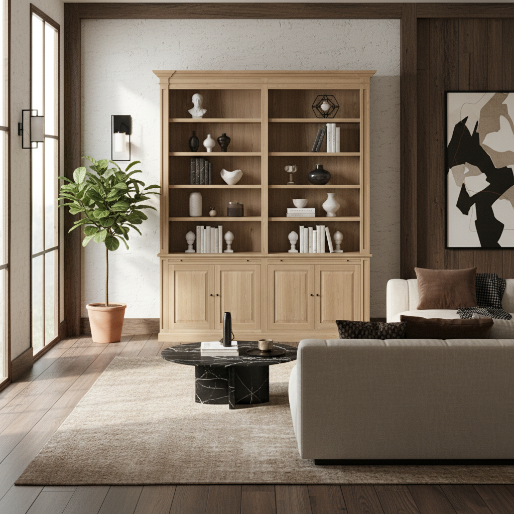 Loire Double Bookcase – Solid Natural Oak Classic Open 4-Door Storage Unit | Marcottestyle