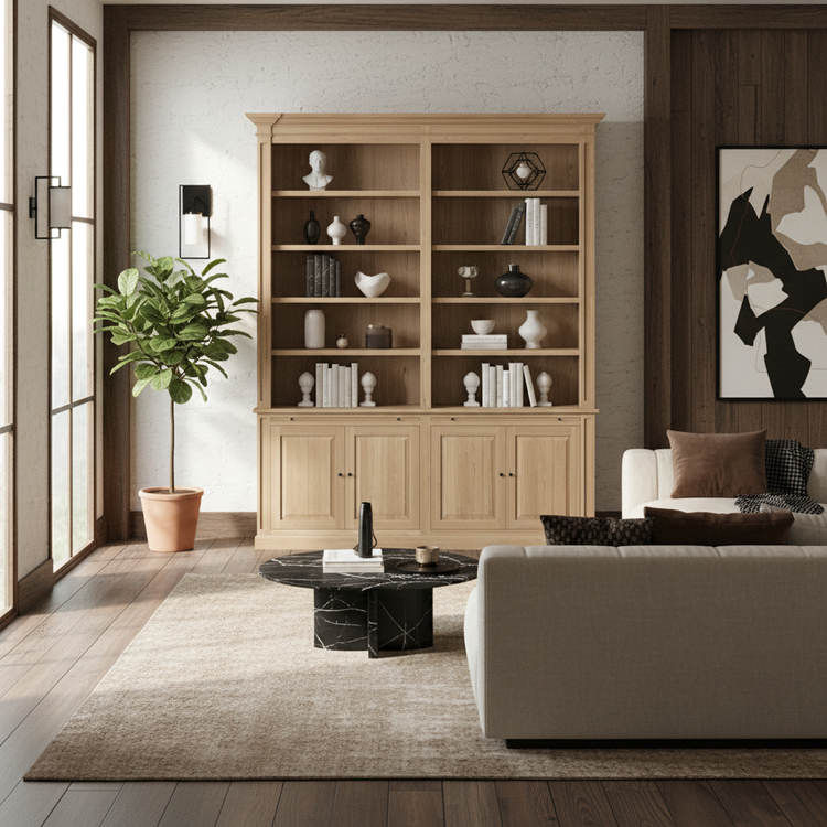 Loire Double Bookcase – Solid Natural Oak Classic Open 4-Door Storage Unit | Marcottestyle