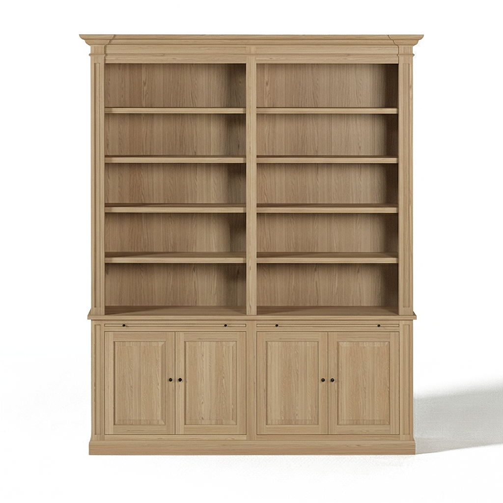 Loire Double Bookcase – Solid Natural Oak Classic Open 4-Door Storage Unit | Marcottestyle