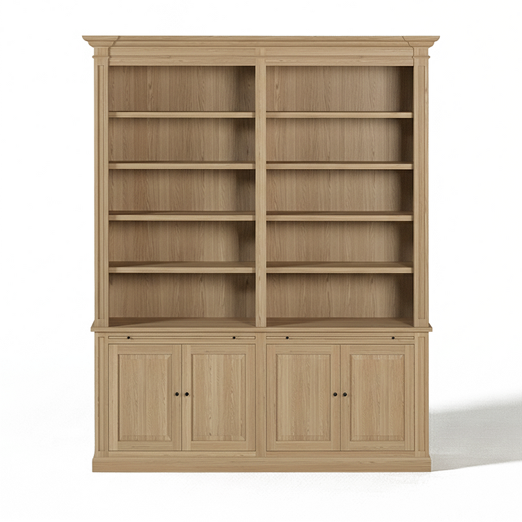 Loire Double Bookcase – Solid Natural Oak Classic Open 4-Door Storage Unit | Marcottestyle