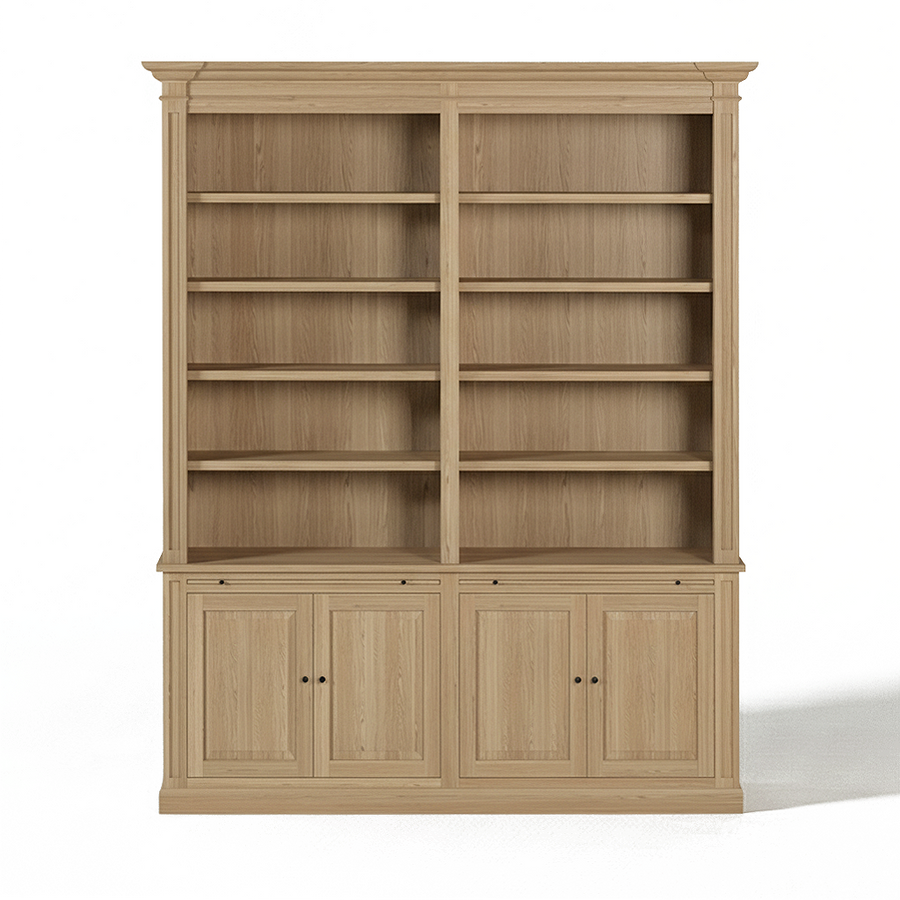 Loire Double Bookcase – Solid Natural Oak Classic Open 4-Door Storage Unit | Marcottestyle