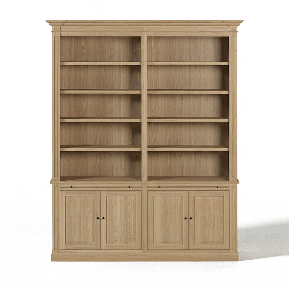 Loire Double Bookcase – Solid Natural Oak Classic Open 4-Door Storage Unit
