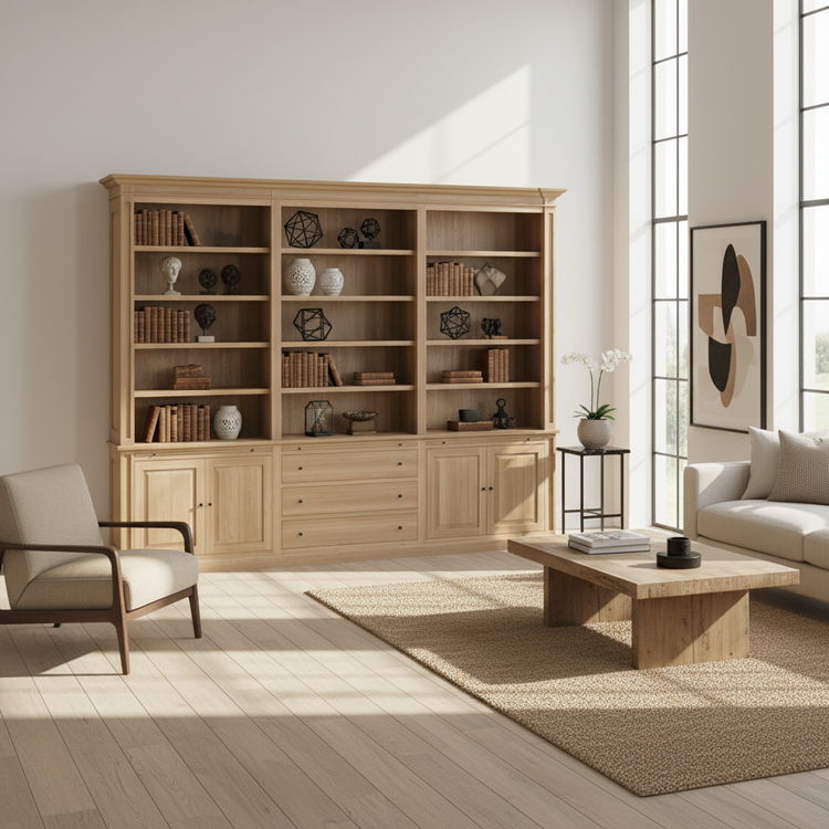 Loire Triple Bookcase – Solid Natural Oak Classic Open 4-Door & 3 Drawers | Marcottestyle
