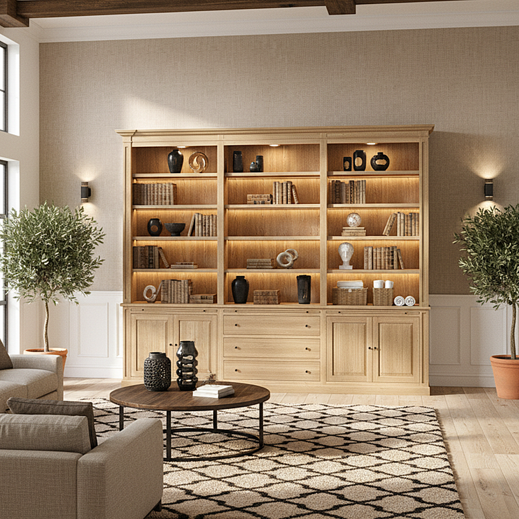 Loire Triple Bookcase – Solid Natural Oak Classic Open 4-Door & 3 Drawers | Marcottestyle