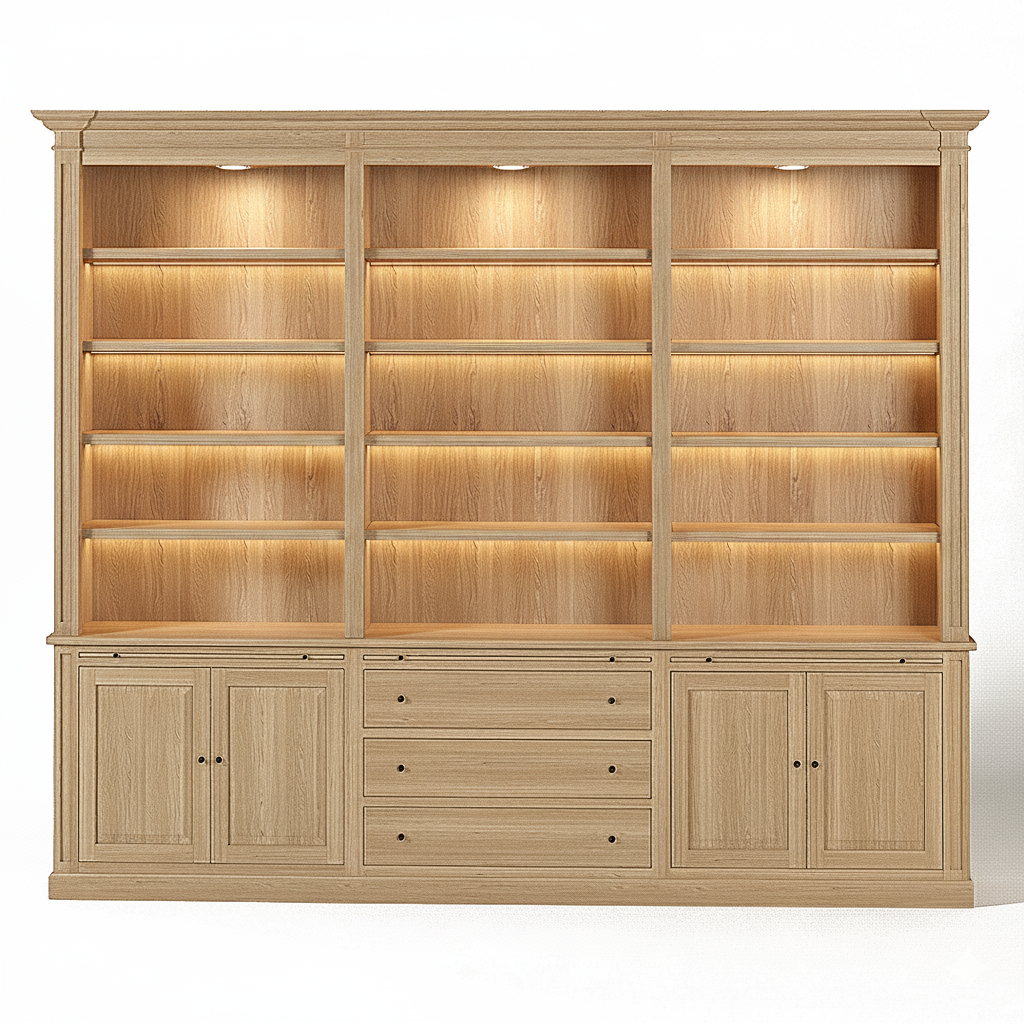 Loire Triple Bookcase – Solid Natural Oak Classic Open 4-Door & 3 Drawers | Marcottestyle
