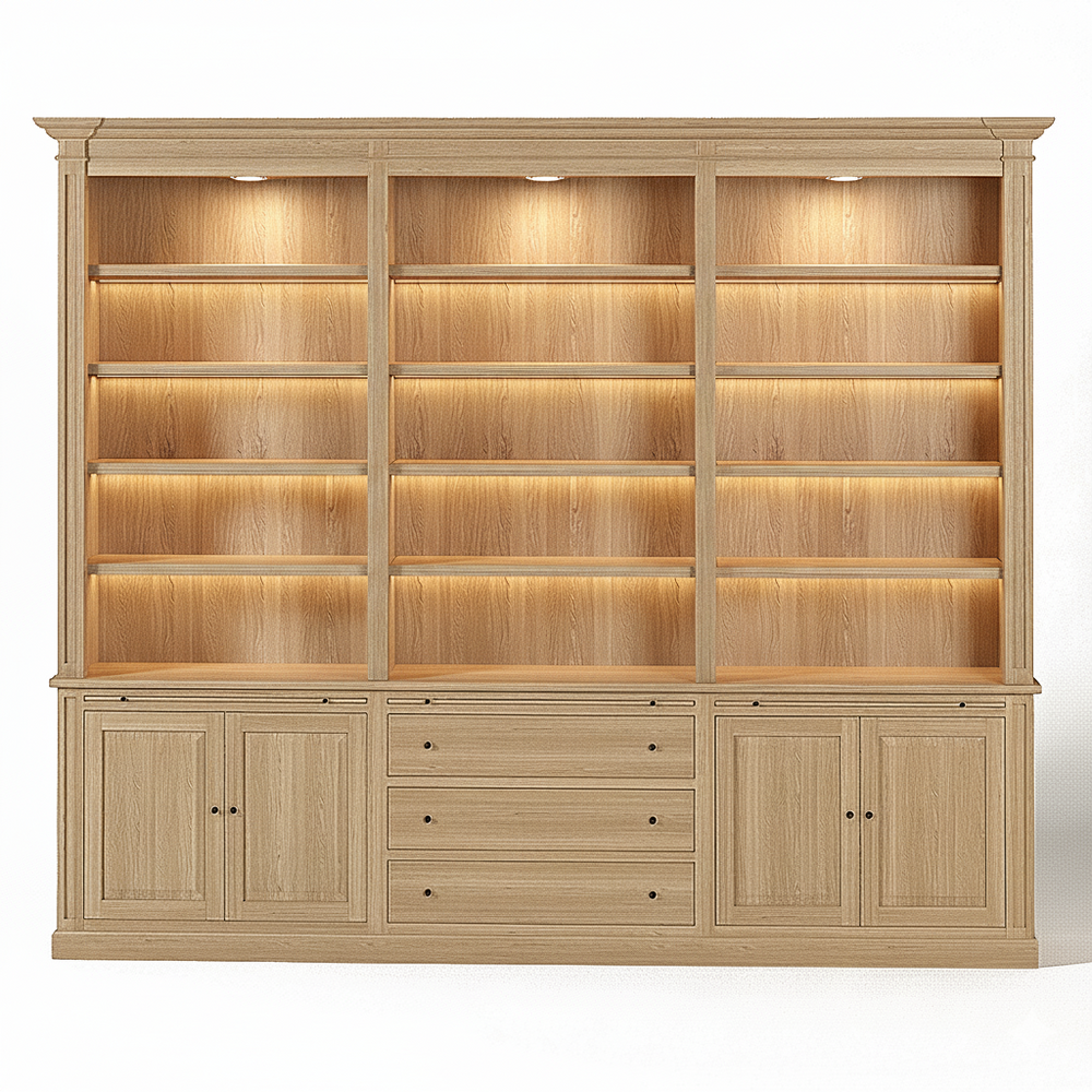 Loire Triple Bookcase – Solid Natural Oak Classic Open 4-Door & 3 Drawers - View 2