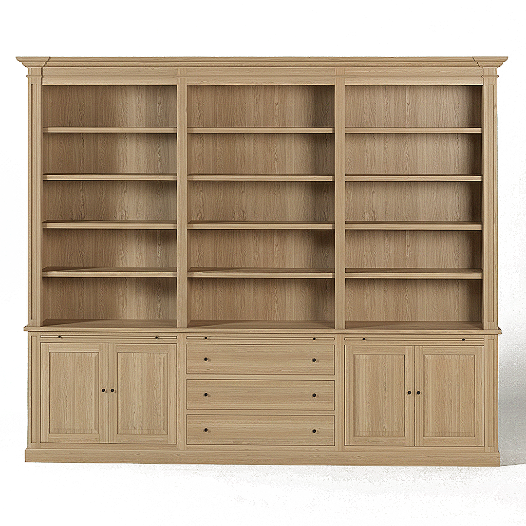 Loire Triple Bookcase – Solid Natural Oak Classic Open 4-Door & 3 Drawers – front view | Marcottestyle