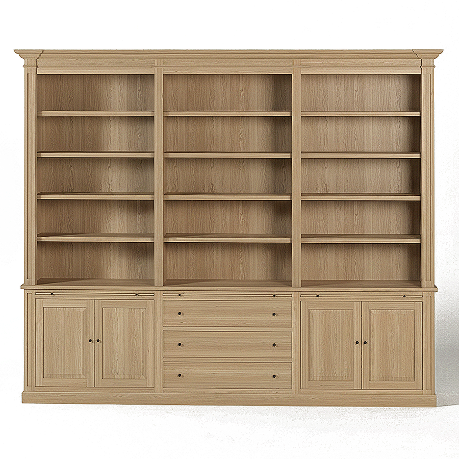 Loire Triple Bookcase – Solid Natural Oak Classic Open 4-Door & 3 Drawers – front view | Marcottestyle