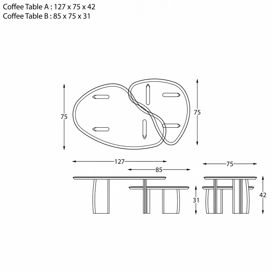 Luna Massiv Eiche Nesting Couchtisch Set - 127 x 75 x 42 cm & 85 x 75 x 31 cm