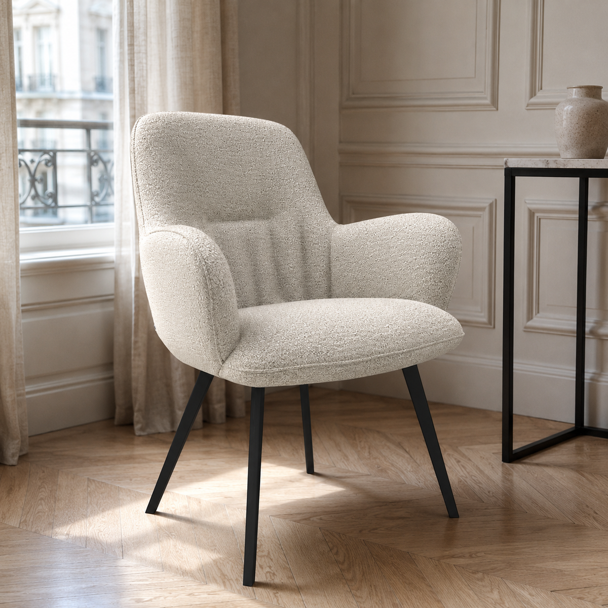 Mancini Dining Chair - Cream Oasis 01 Fabric - Black Metal Legs