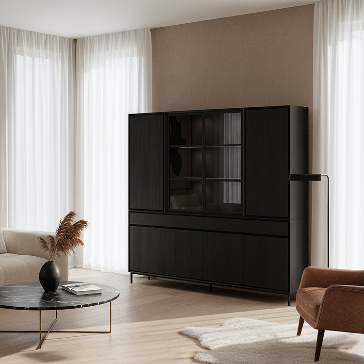 Navarre Large Showcase Cabinet - Black with Glass Display | Marcottestyle